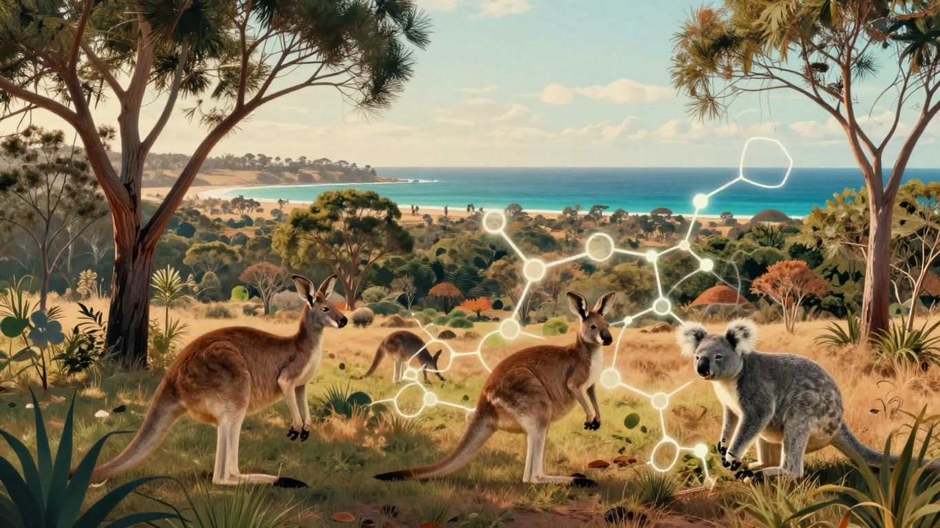 Australian landscape with peptide chain visualizations.