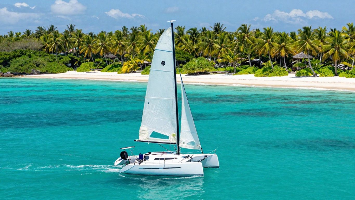 Sailboat on turquoise water near tropical island