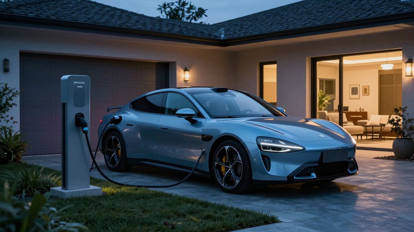 Electric performance car charging near a contemporary home