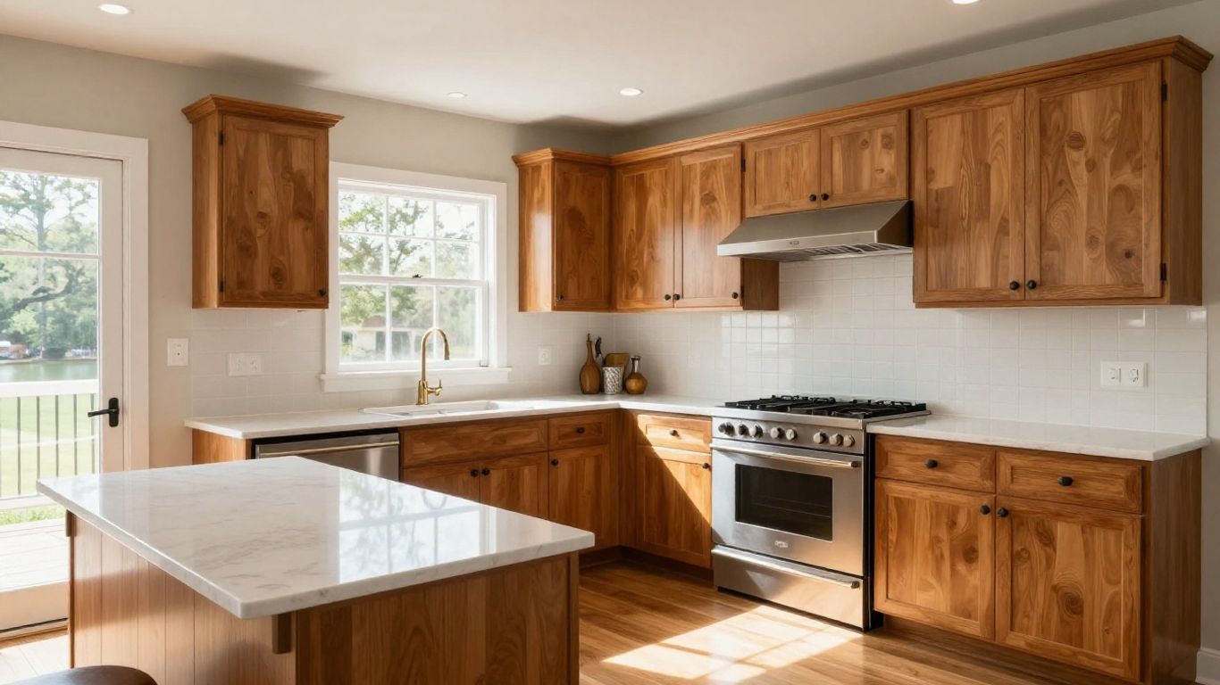 Modern, renovated kitchen with custom cabinets and countertops.