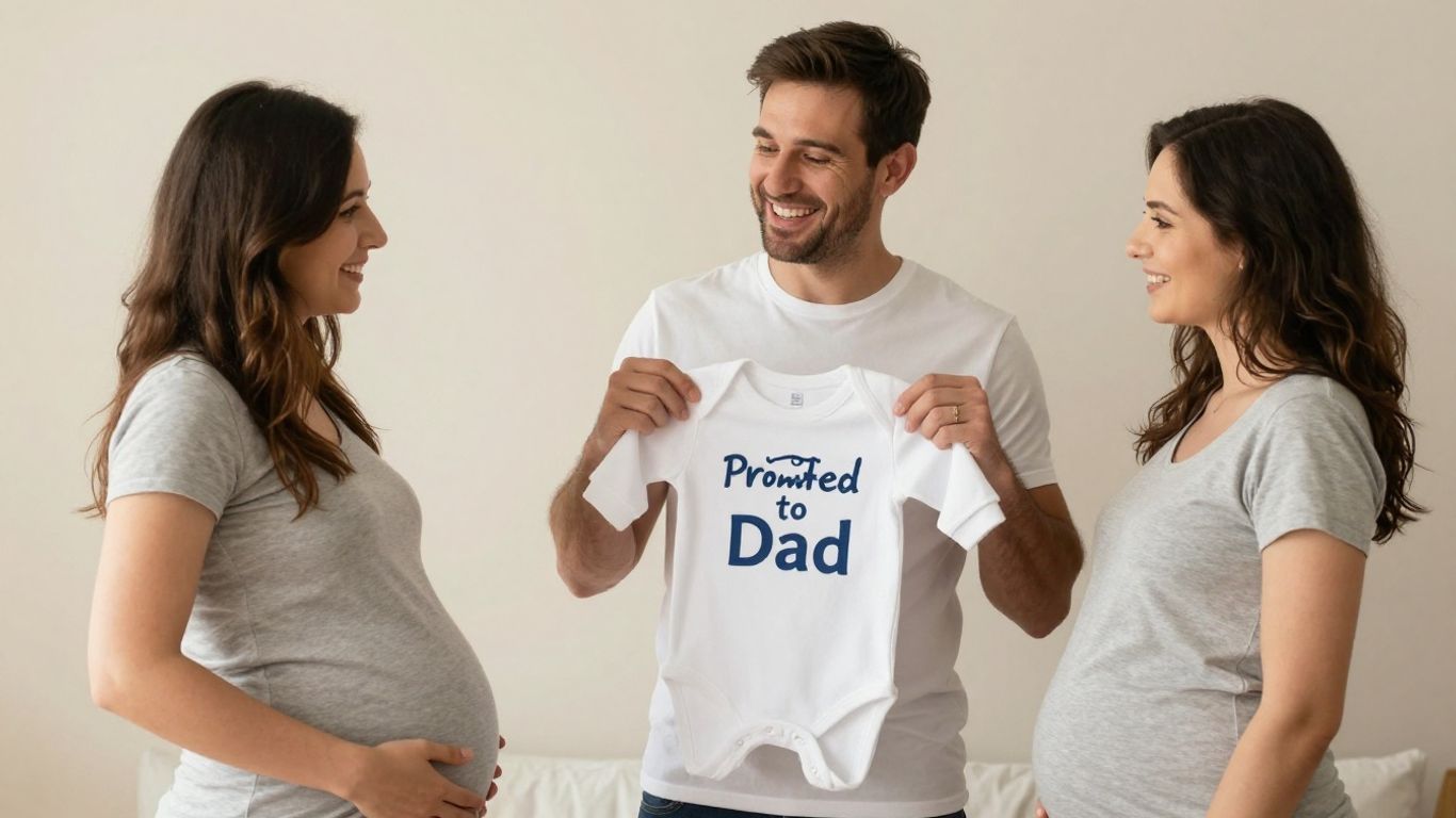 Dad-to-be wearing announcement shirt with baby onesie.
