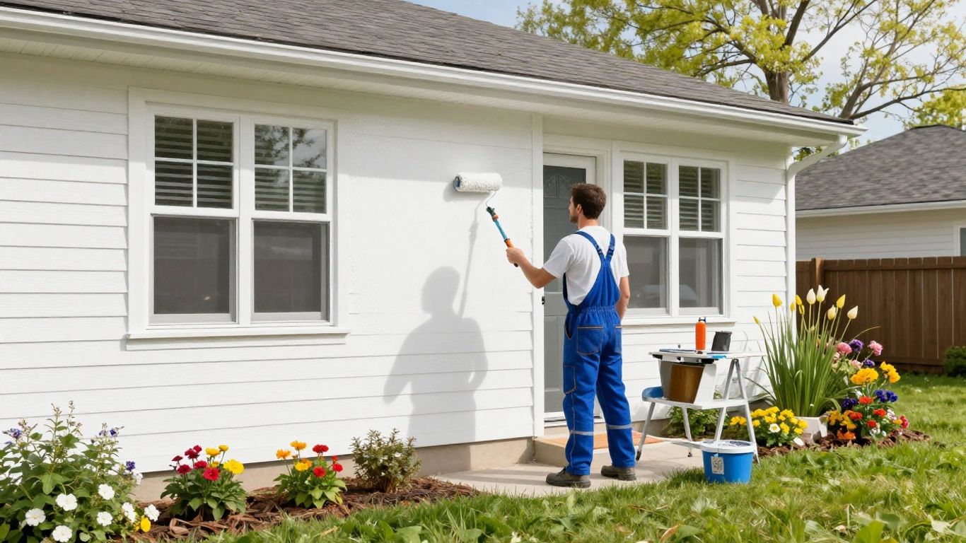 House being painted in spring with blooming flowers.