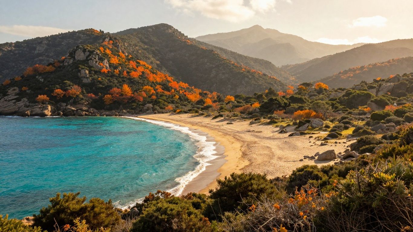Corsica coastline in autumn with turquoise water and mountains.