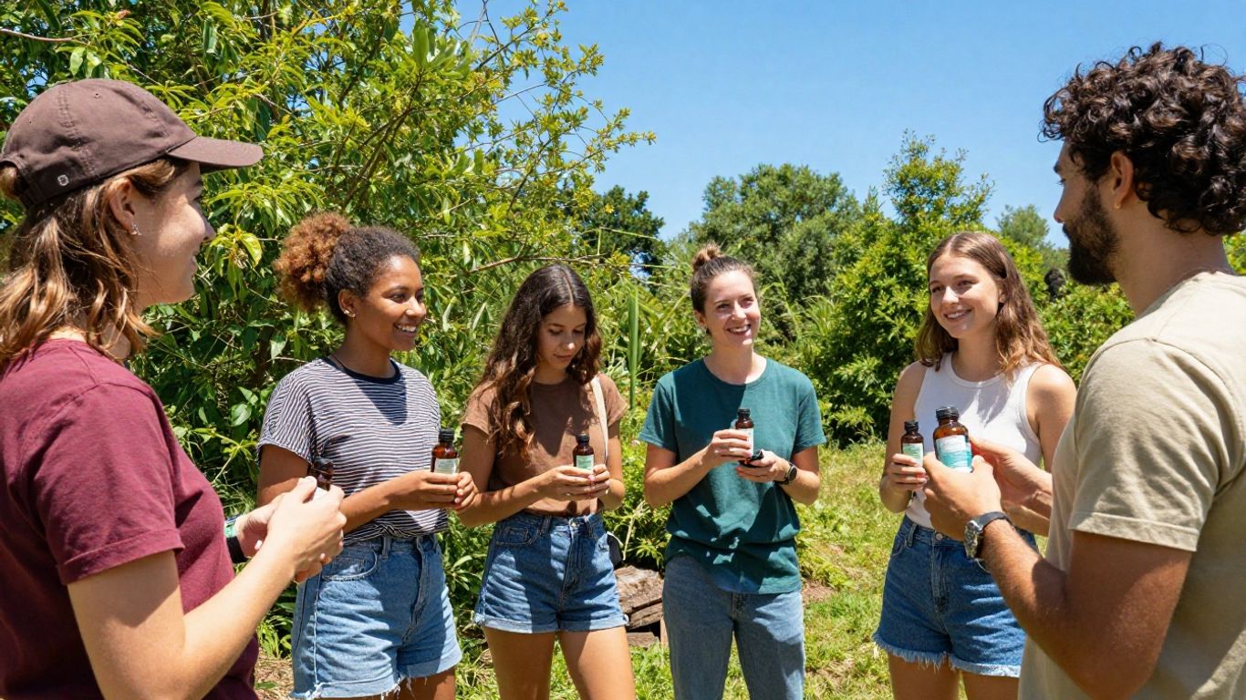 Personas sonriendo y compartiendo botellas de productos al aire libre.