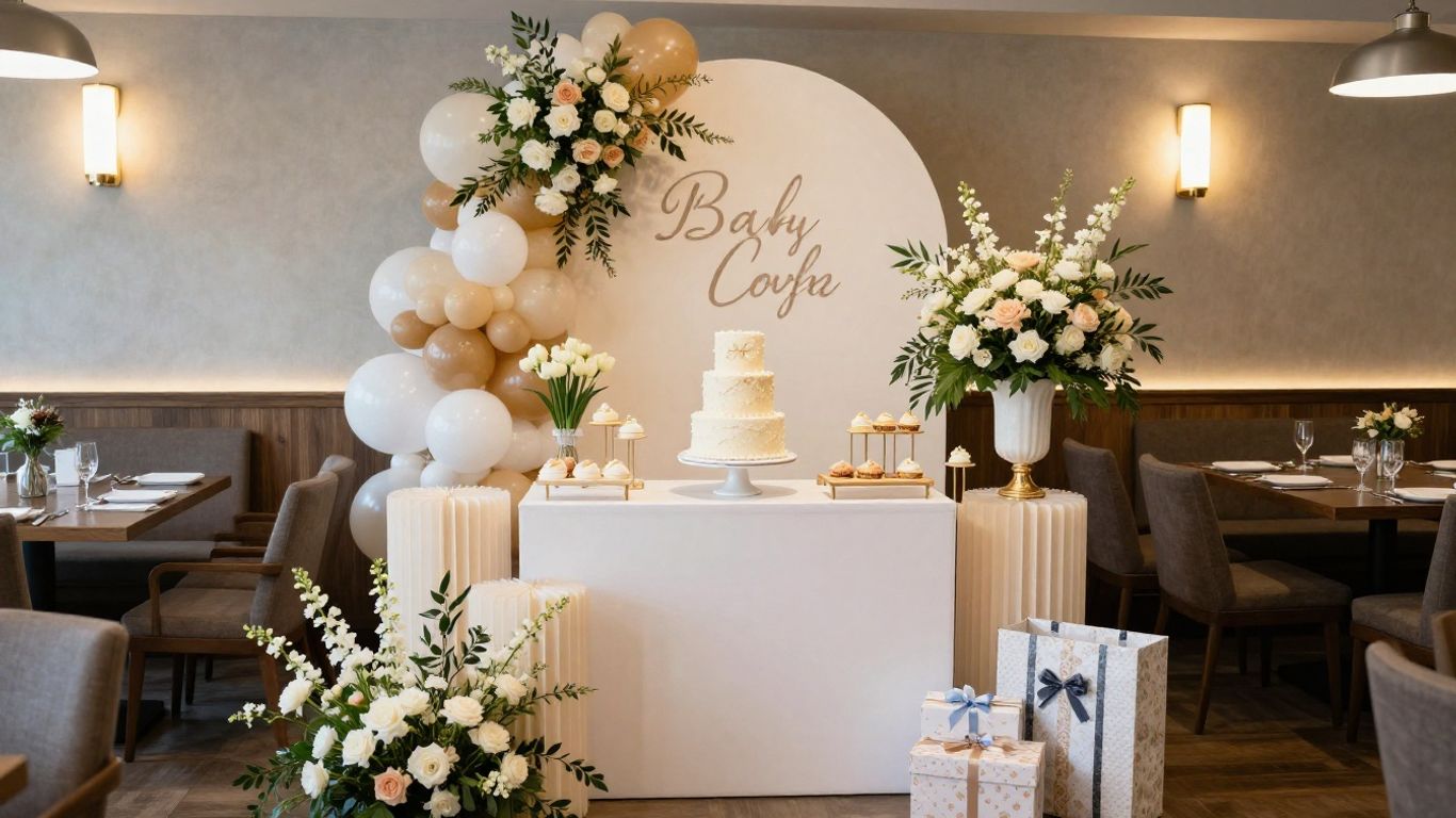 Elegant baby shower venue with floral decor and gifts.
