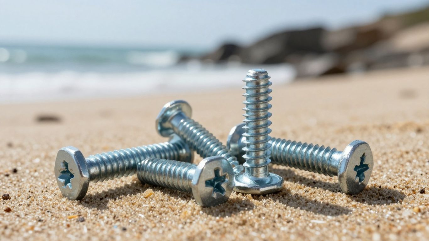 Stainless steel and galvanised fasteners on a beach.