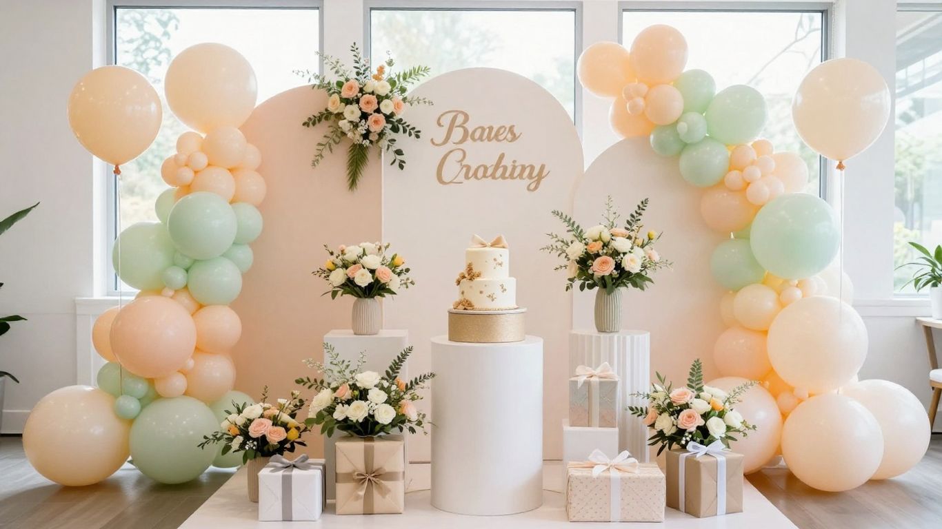 Elegant Dallas baby shower venue with balloons and cake.