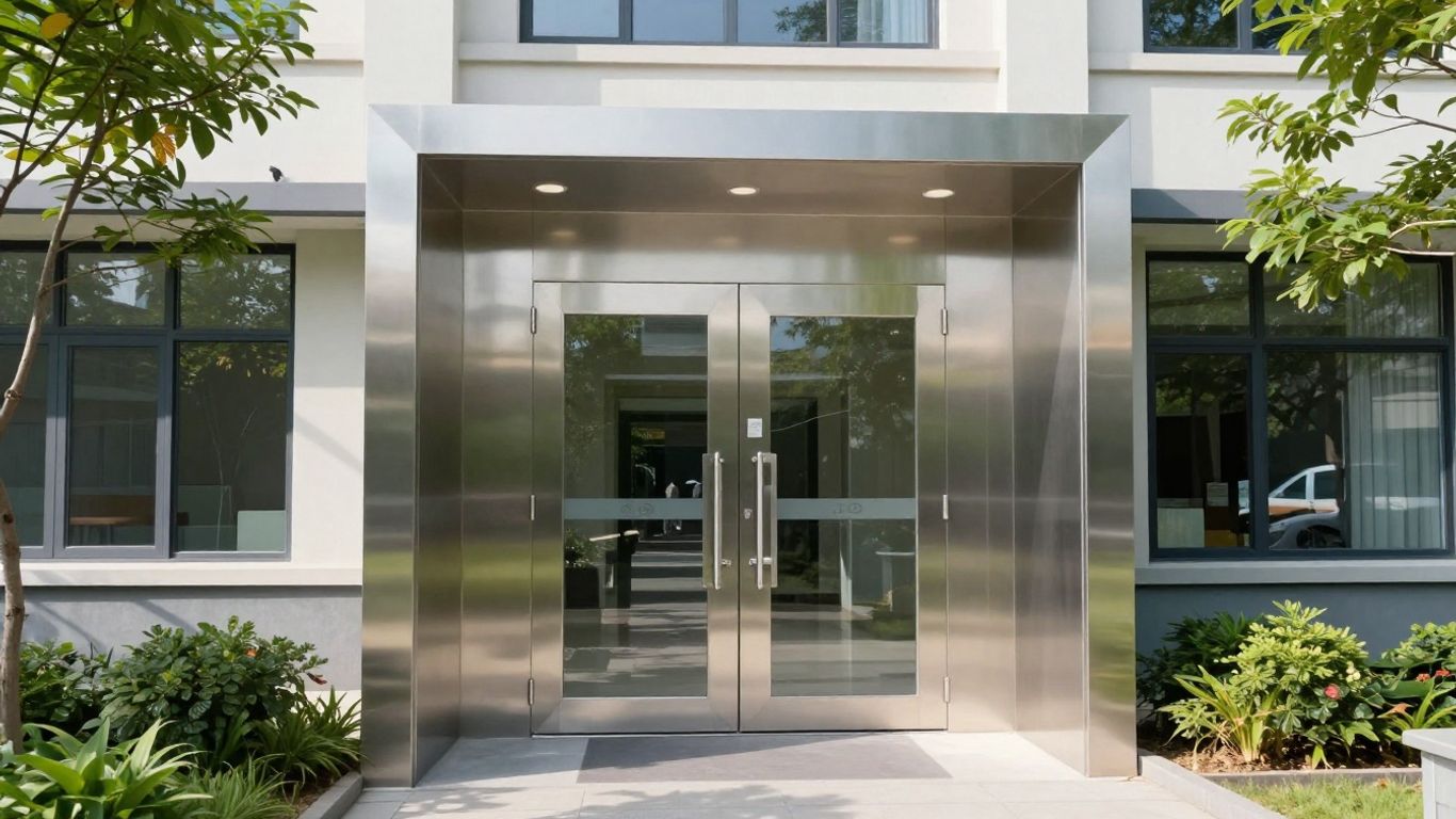 Modern aluminium doors at a UK school entrance.