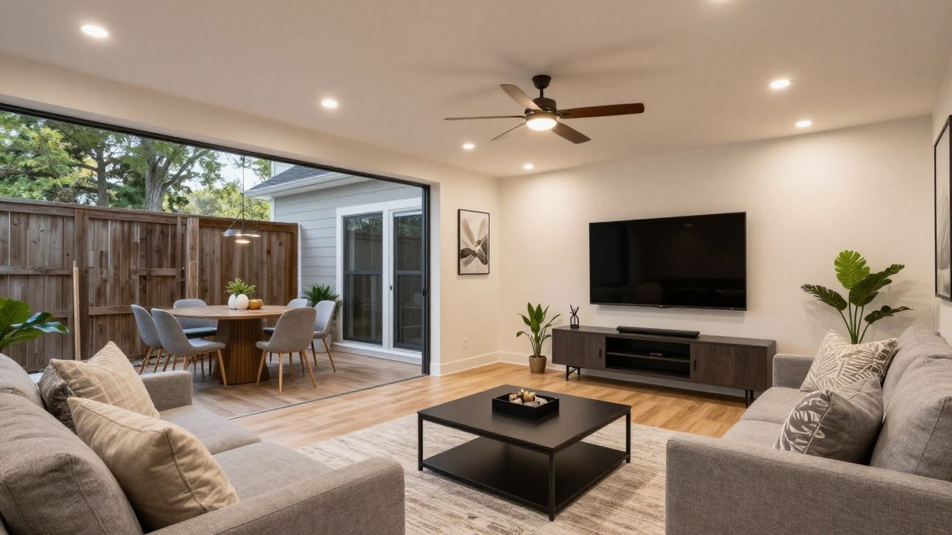 Finished basement living and entertainment area.