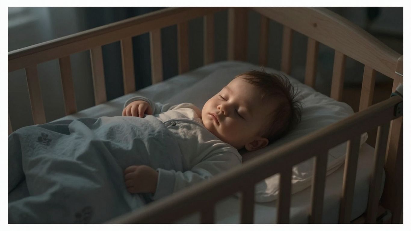 A peaceful baby sleeping in a dim, cozy nursery