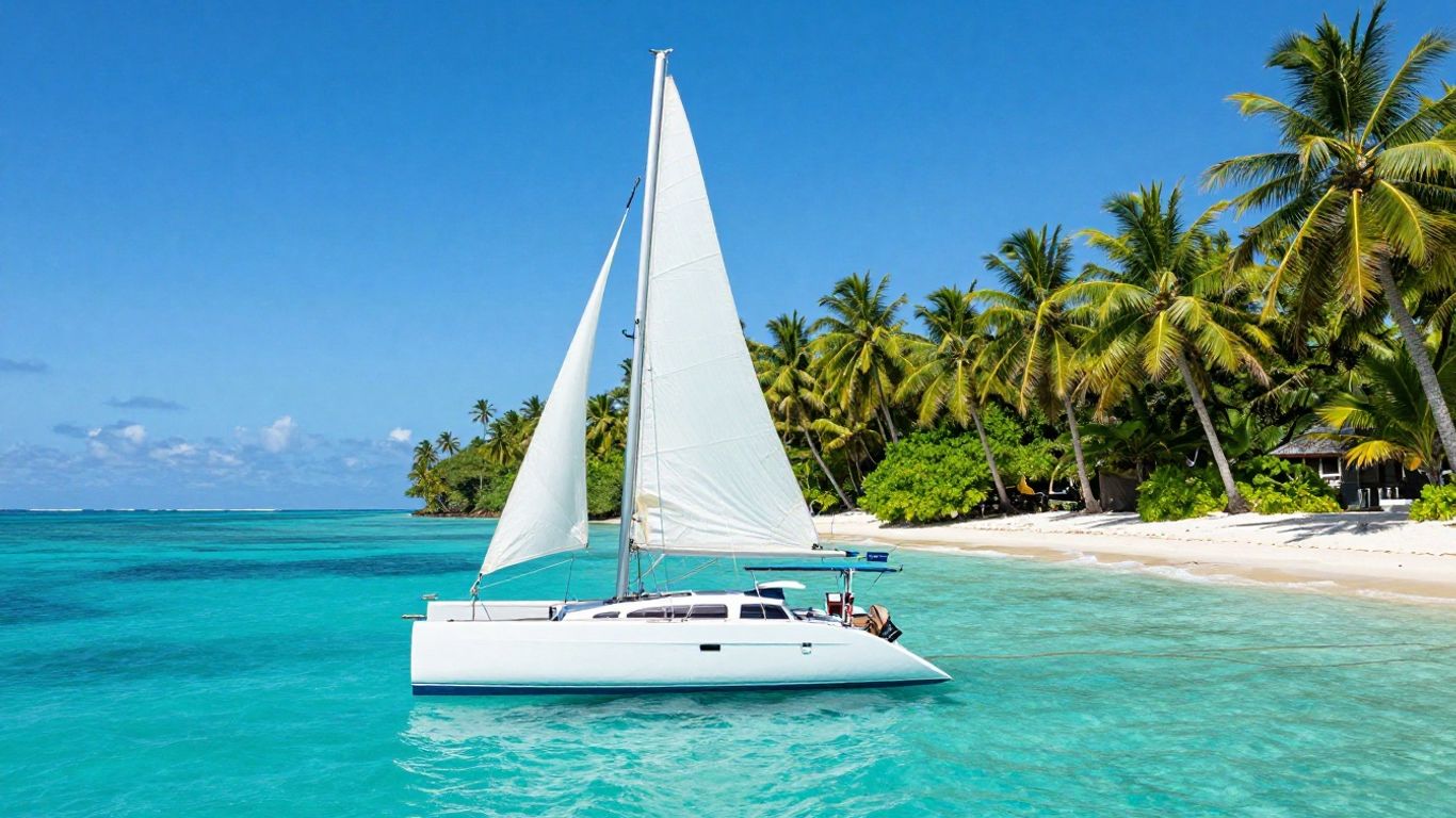 Bareboat catamaran sailing in Belize's turquoise waters.