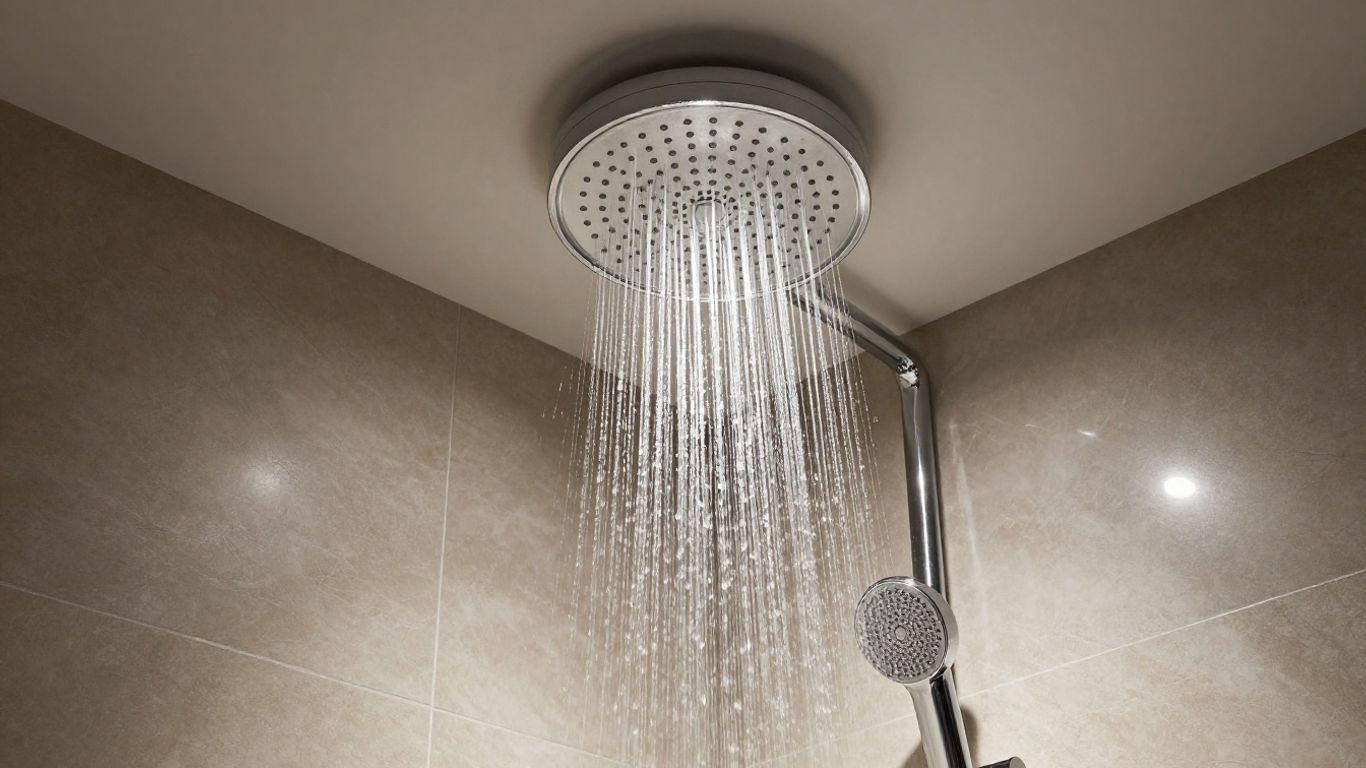 Luxurious ceiling shower head with cascading water in a modern bathroom.