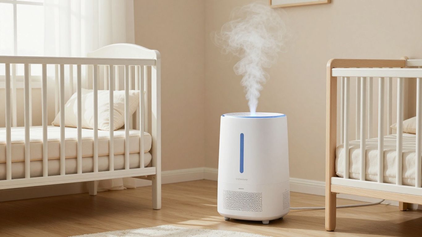 Humidificador emitiendo vapor en habitación de bebé.