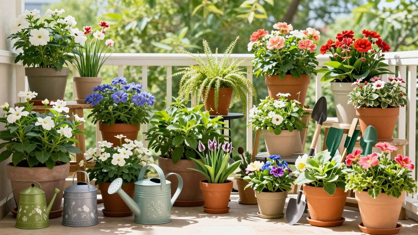 Balkon mit bunten Blumen und Pflanzen für die Gartensaison.