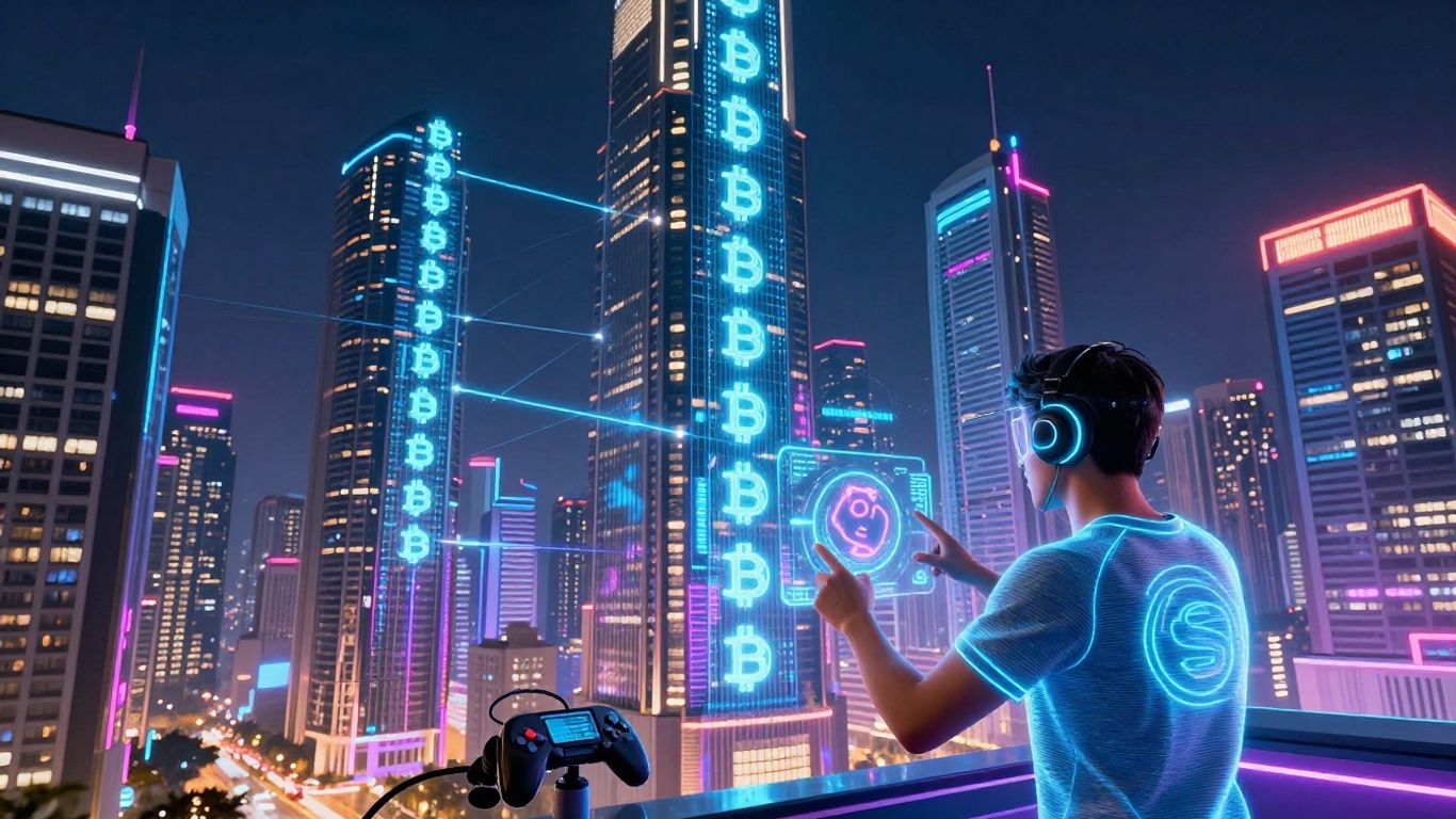 Futuristic crypto gaming cityscape with neon lights and digital streams.