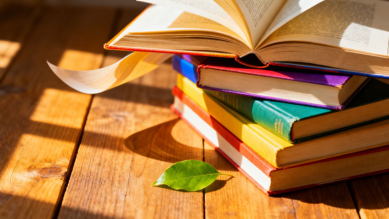 Stack of colorful books with sunlight and a green leaf.