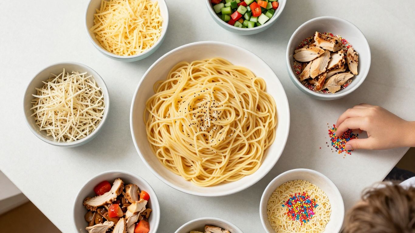 Family meal prep with shared pasta base and kid-friendly toppings.
