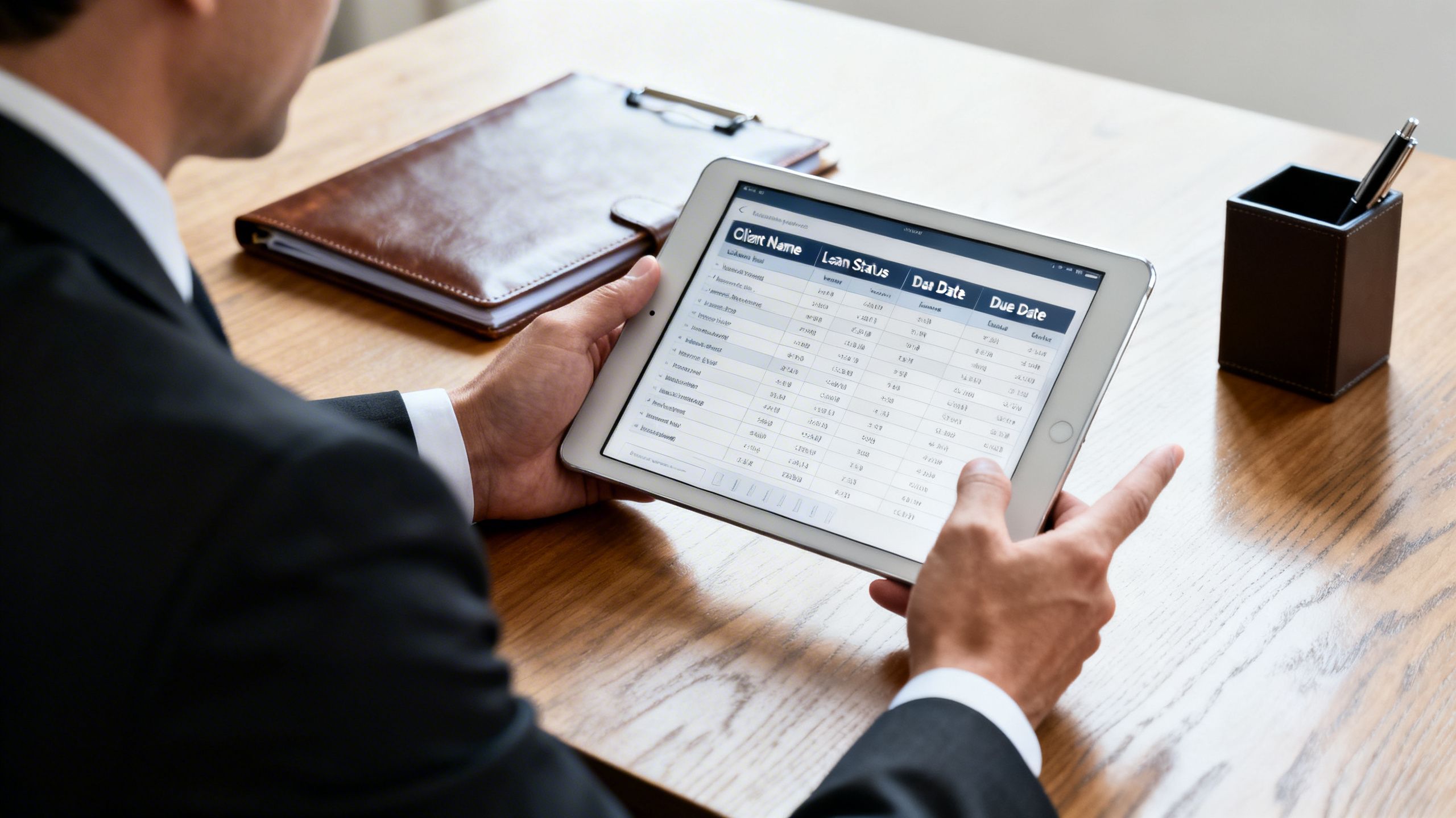 A mortgage broker reviewing client files on a tablet, symbolizing efficient client management.