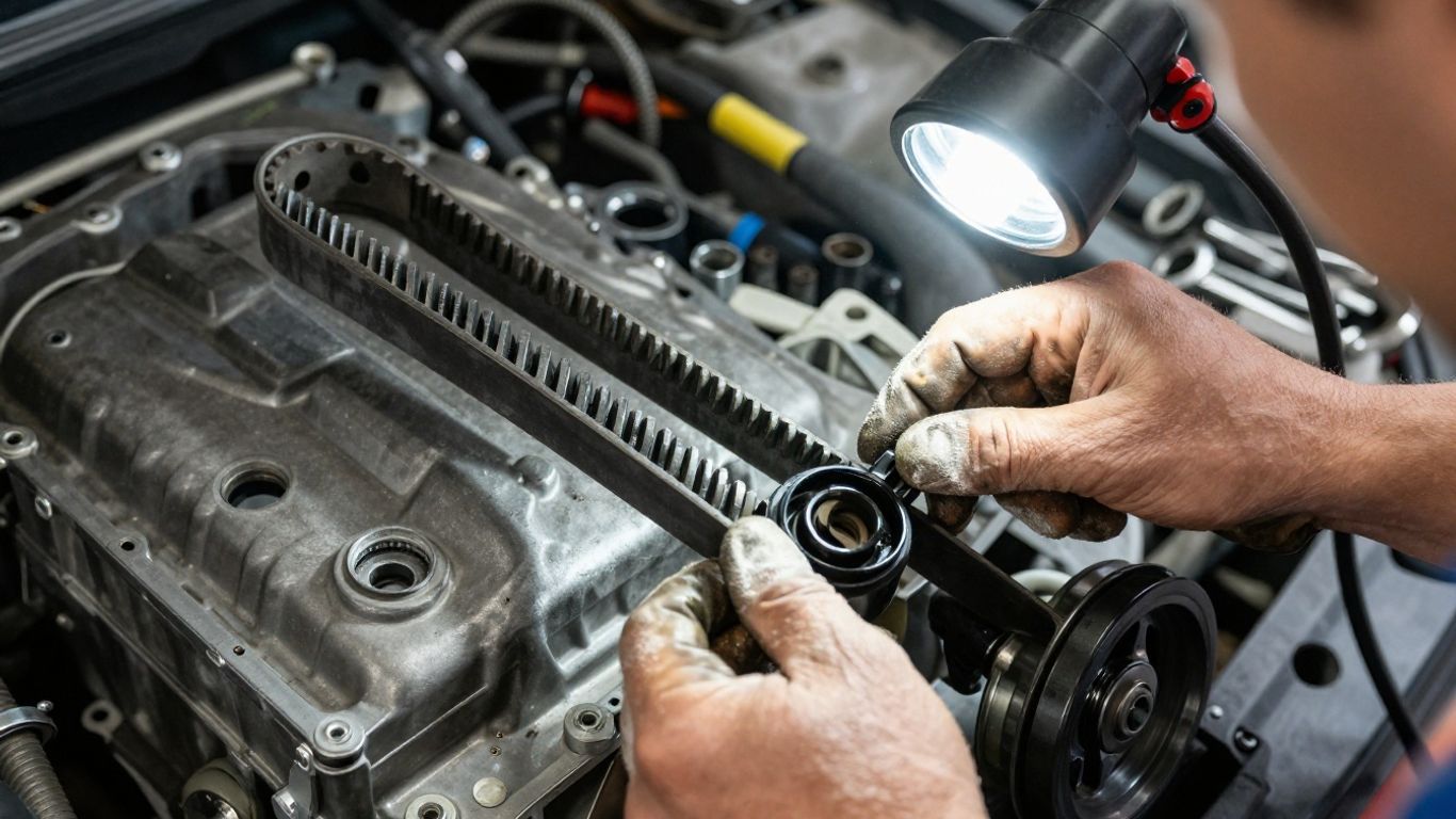 Mechanic inspecting belt teeth and pulley bearings