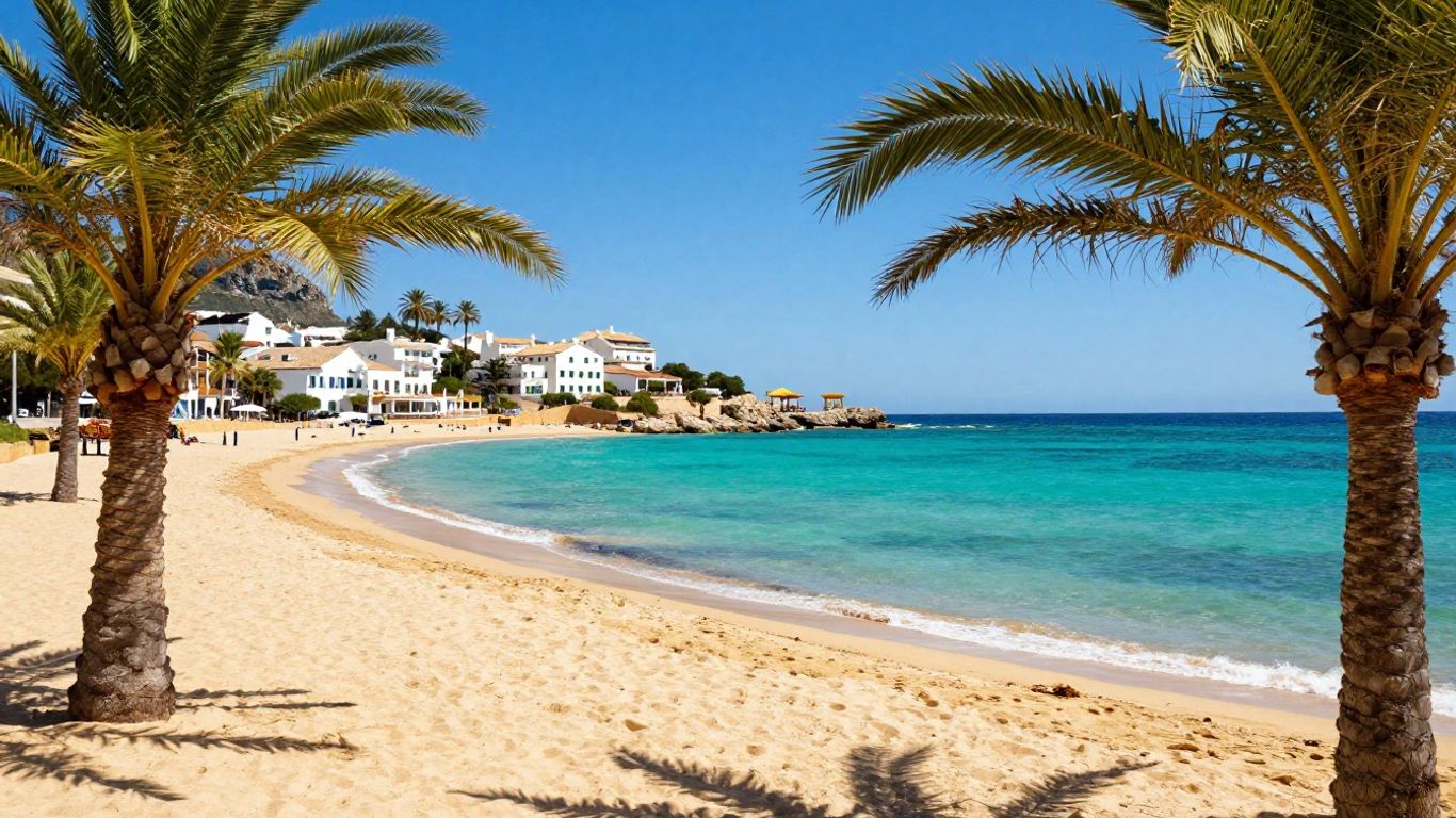 Mallorca beach with turquoise water and palm trees.