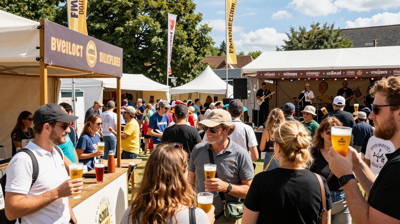 People enjoying craft beer at a French festival.