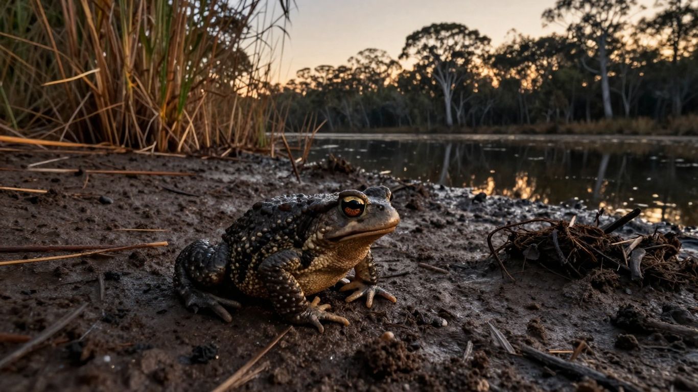 Toxic cane toad beside Australian wetlands
