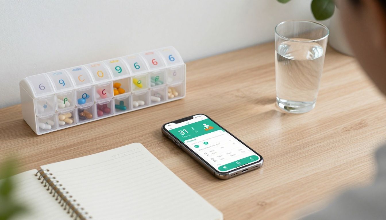 A clean, modern health-tech workspace featuring a smartphone open to a health tracking interface, an organized weekly pill organizer, a healthy notebook, and fresh water, representing a structured wellness routine