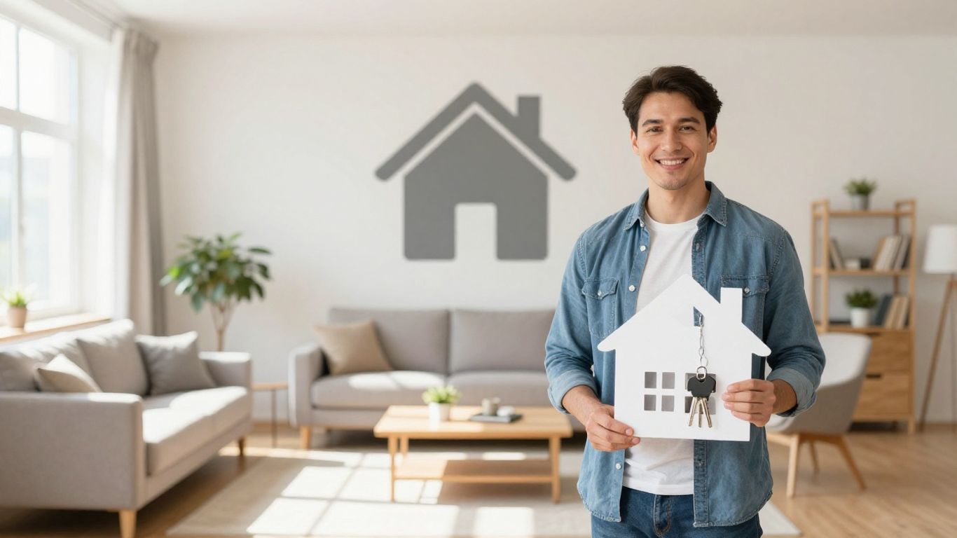 Casa sonriente con llaves y seguro de hogar.