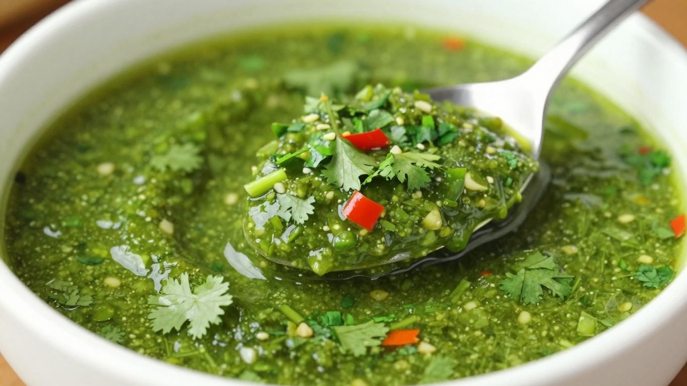 Bowl of spicy green zhug sauce with herbs and chili