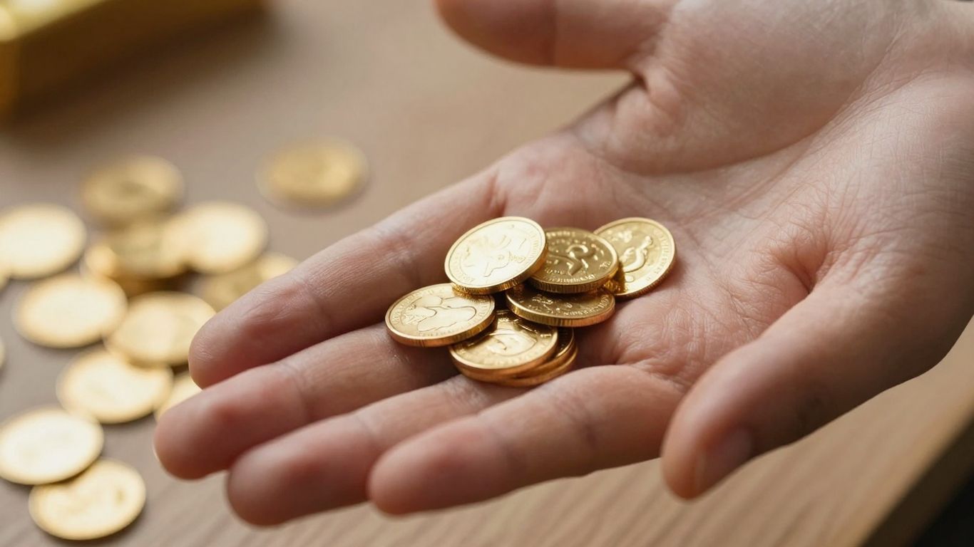Monedas y lingotes de oro sobre una mesa.