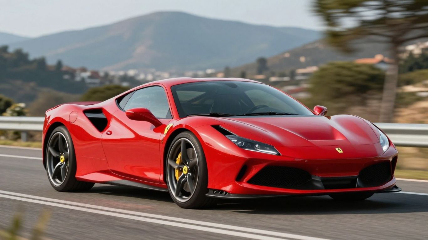 Ferrari F8 Tributo parked on a scenic road, red color.