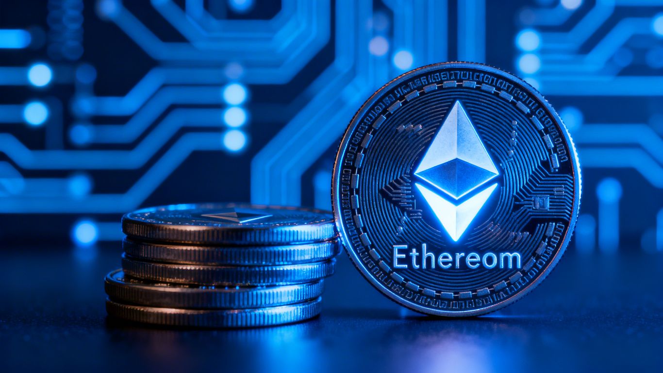 Stacked digital coins beside glowing Ethereum logo