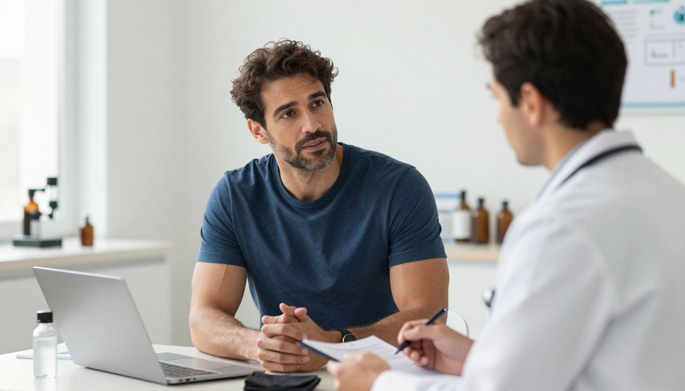 Realistic premium men’s health scene showing a confident diverse man in his 40s consulting with a professional provider in an upscale clinic, with subtle laboratory and recovery-focused details, natural lighting, no logos or text