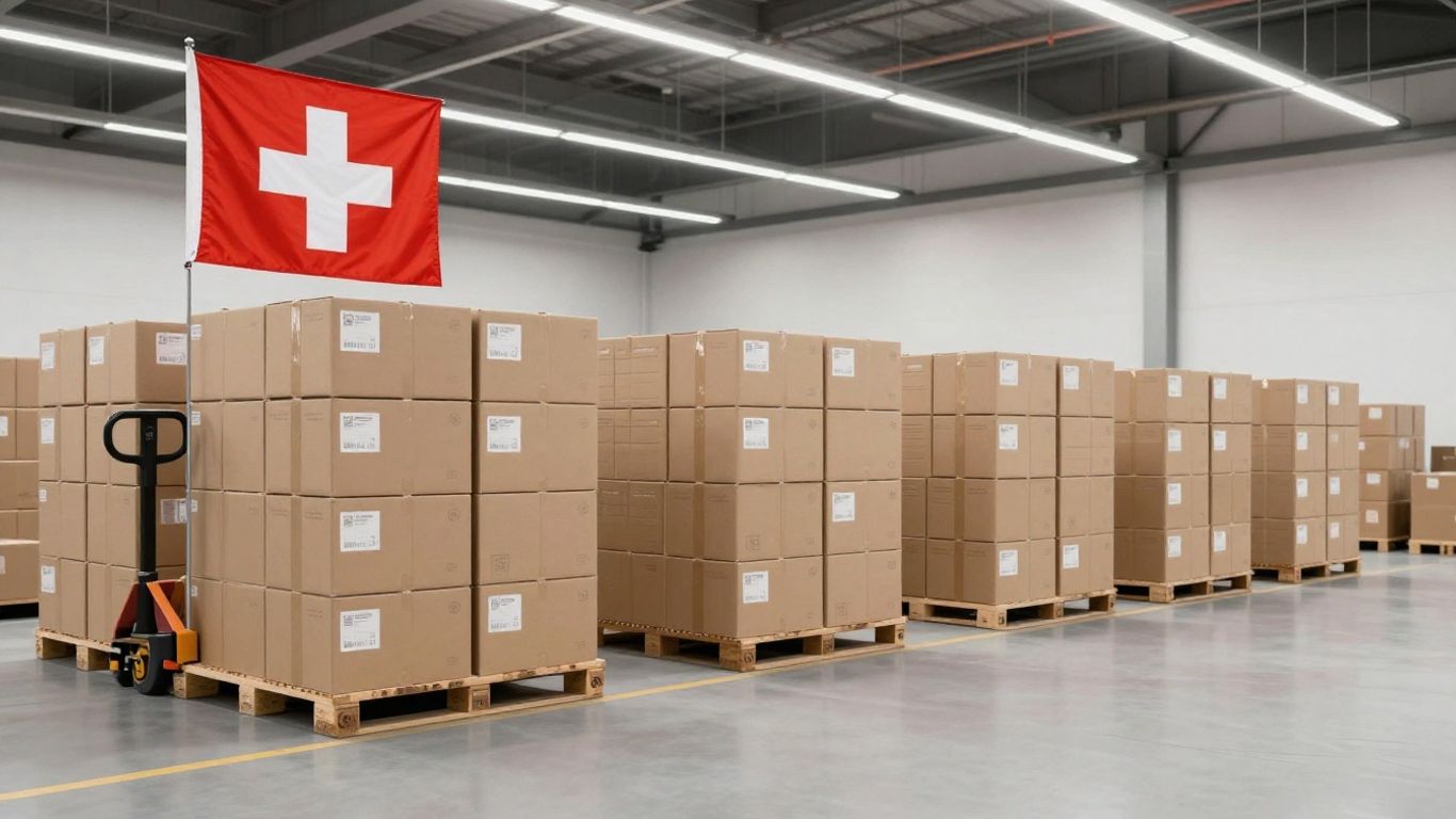 Lagerhaus mit Schweizer Flagge und Logistik-Equipment