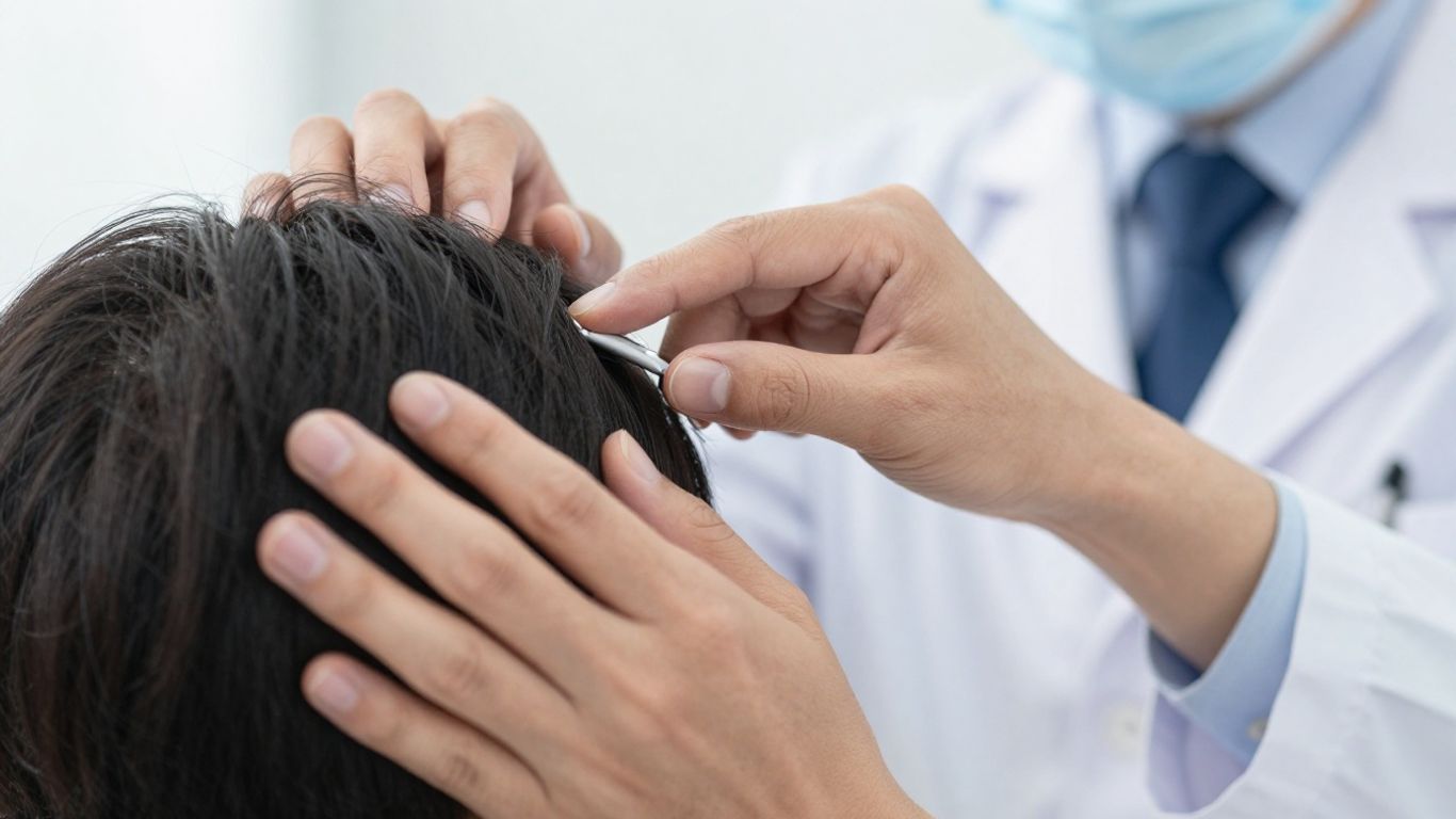 Neurologist examining patient's head with care.