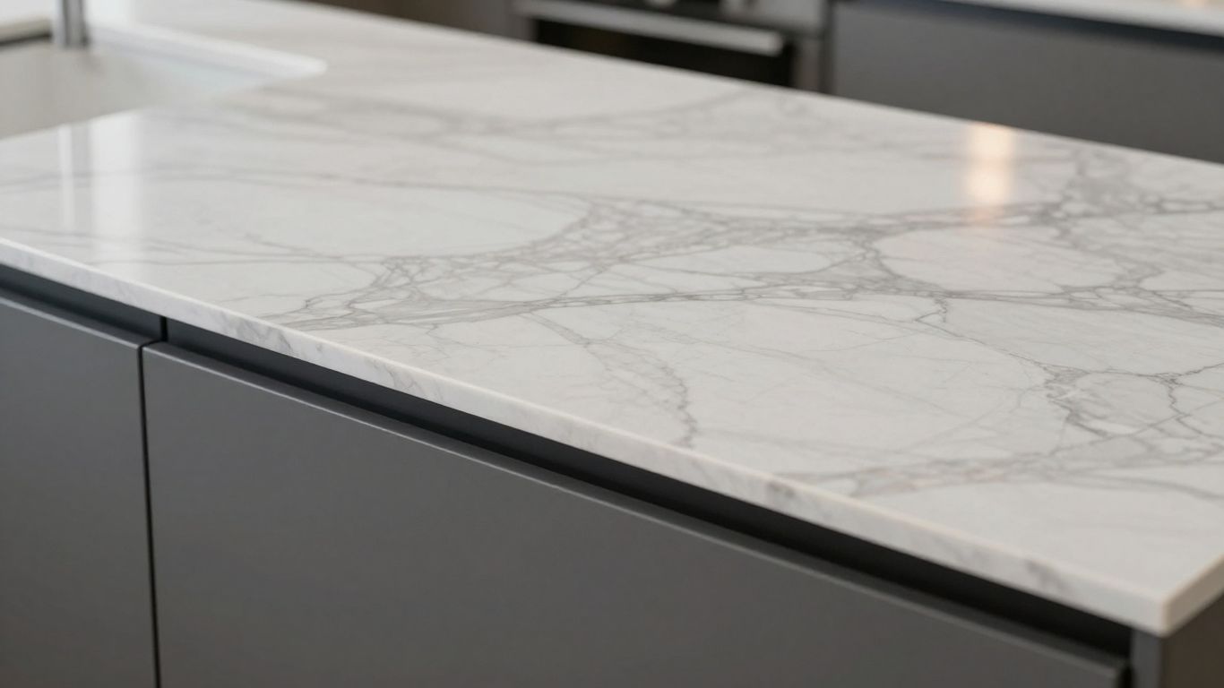 Durable laminate sheet kitchen countertop with marble pattern.