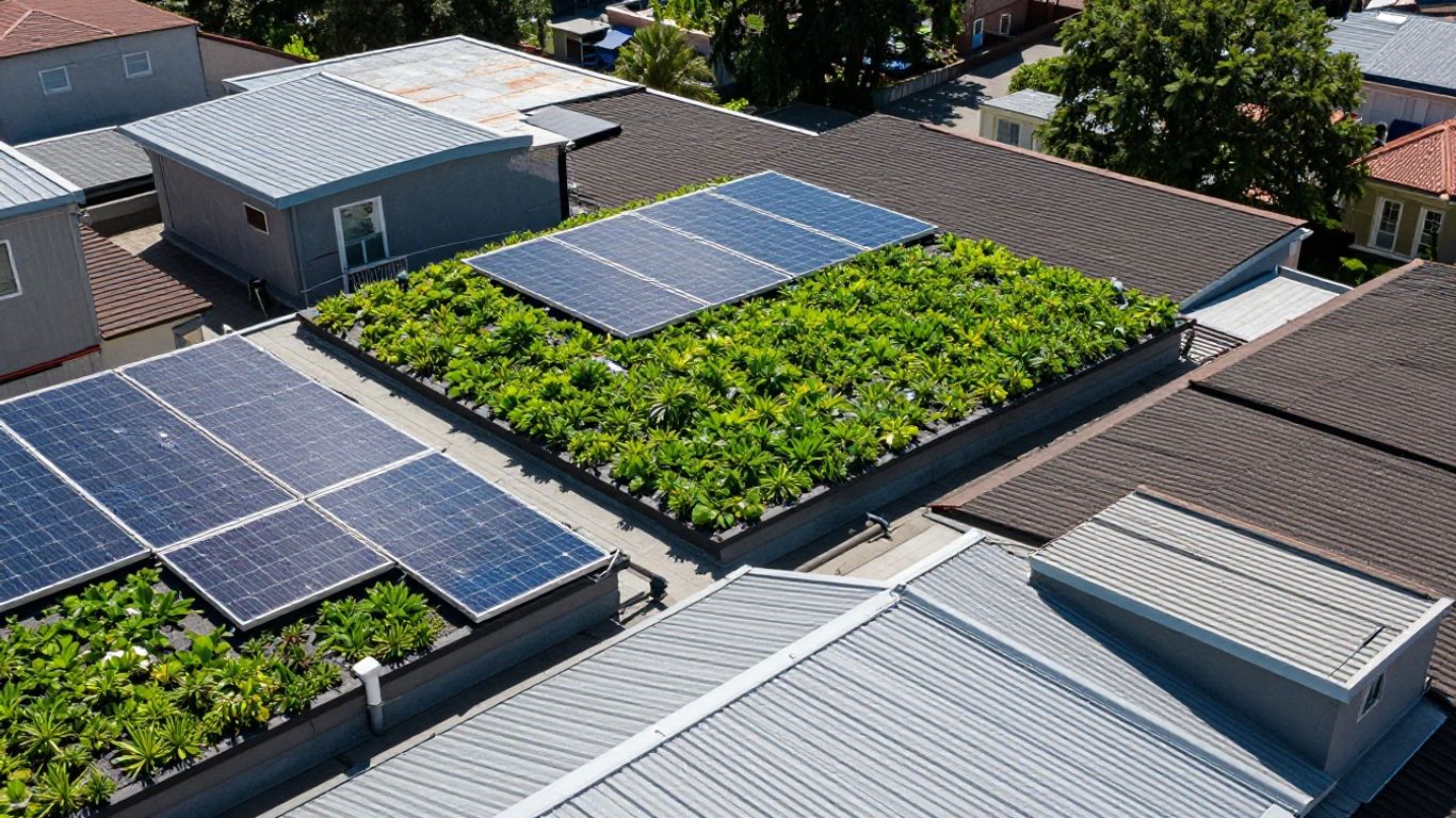 Sustainable roofs with solar panels and greenery.