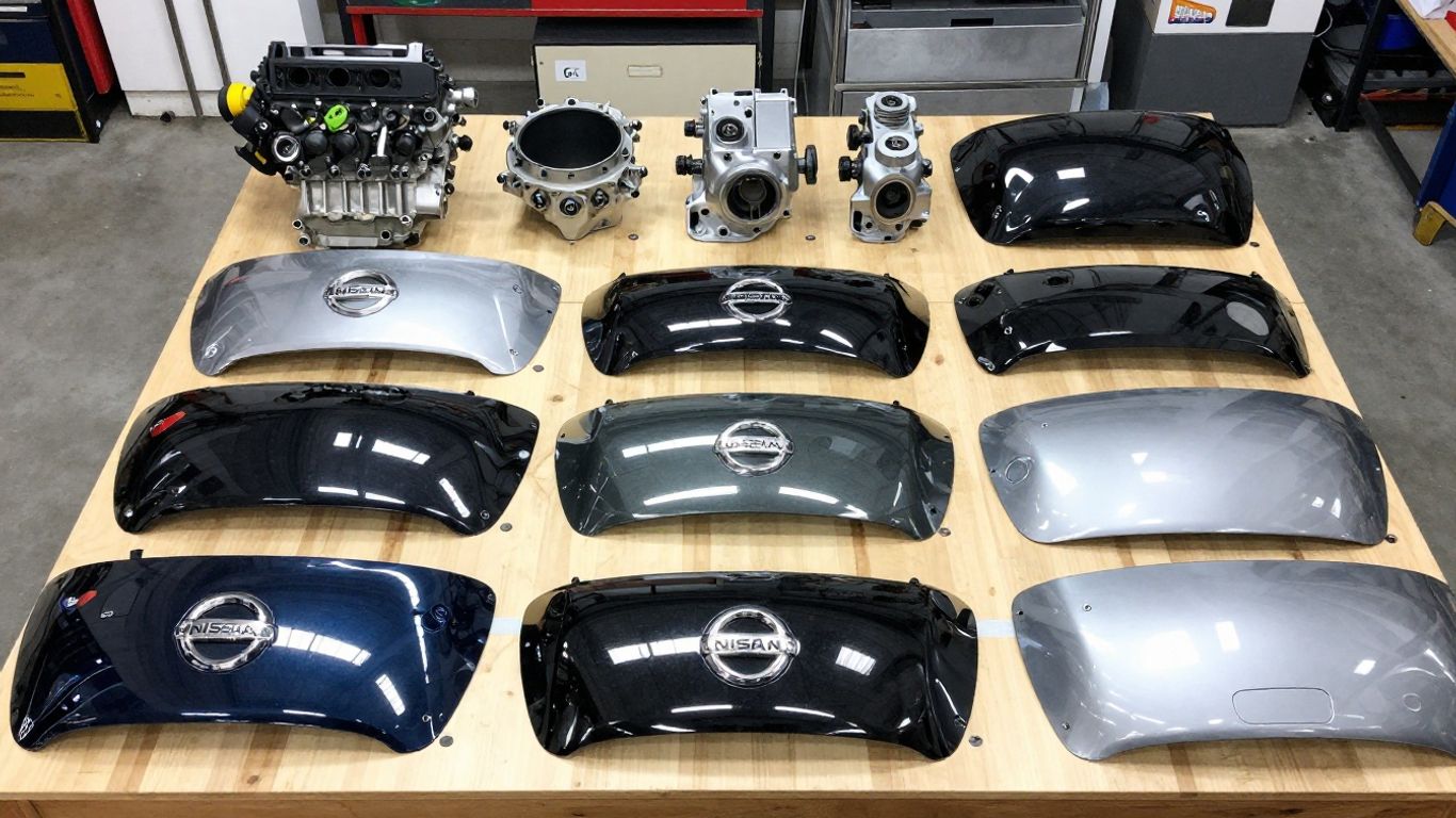 Nissan parts displayed in a Brisbane workshop.