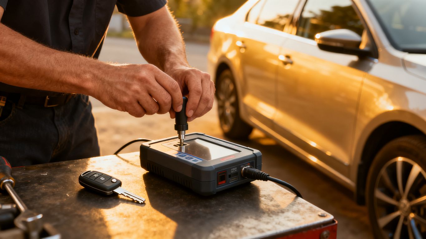Automotive locksmith programming a replacement key beside a vehicle