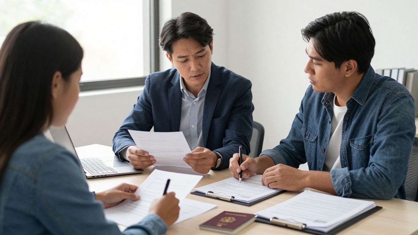 Abogado revisando documentos migratorios con cliente