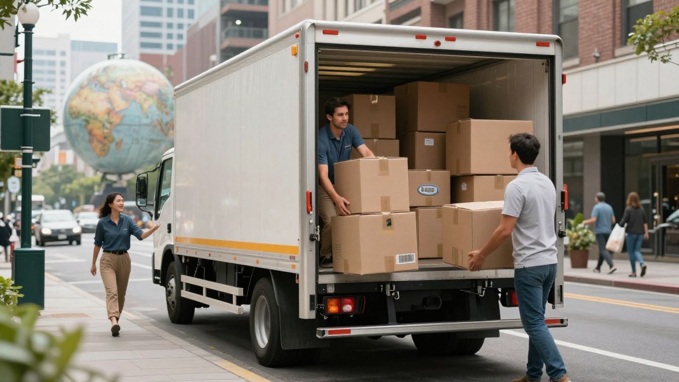 International movers loading truck with globe and cityscape.