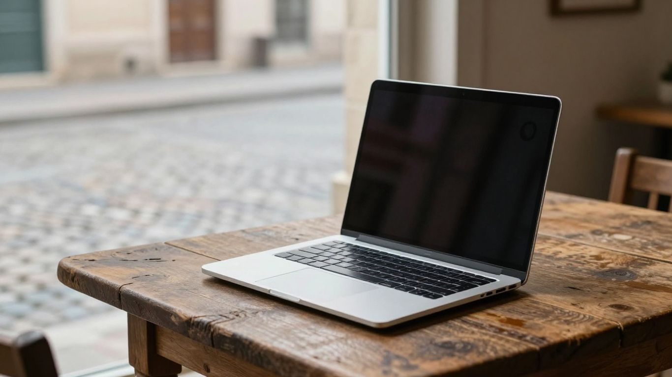 A laptop computer set up on a rustic table