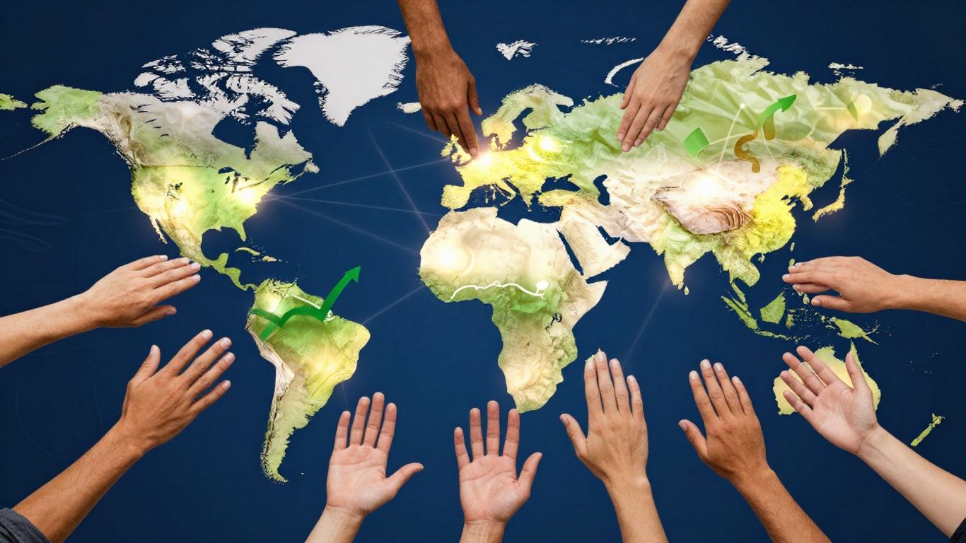 Mapa mundial con conexiones globales y manos diversas.