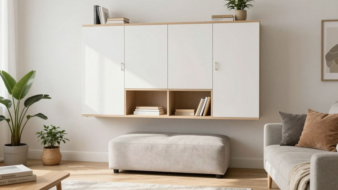 Modern Airbnb interior with smart storage solutions.