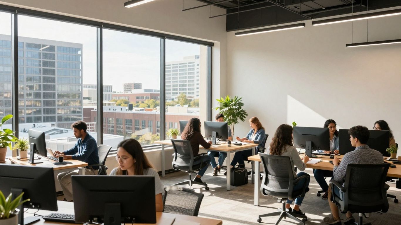 Austin skyline with young professionals in a modern office.