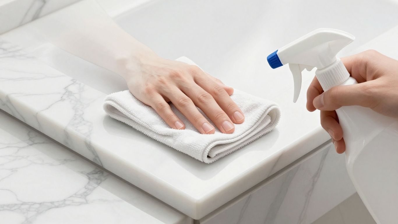 Sketch of cleaning marble tiles with a cloth and spray.