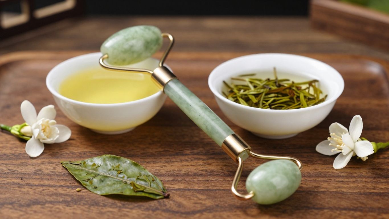 A serene display of East Asian skincare elements including a jade roller, green tea, and camellia blossoms