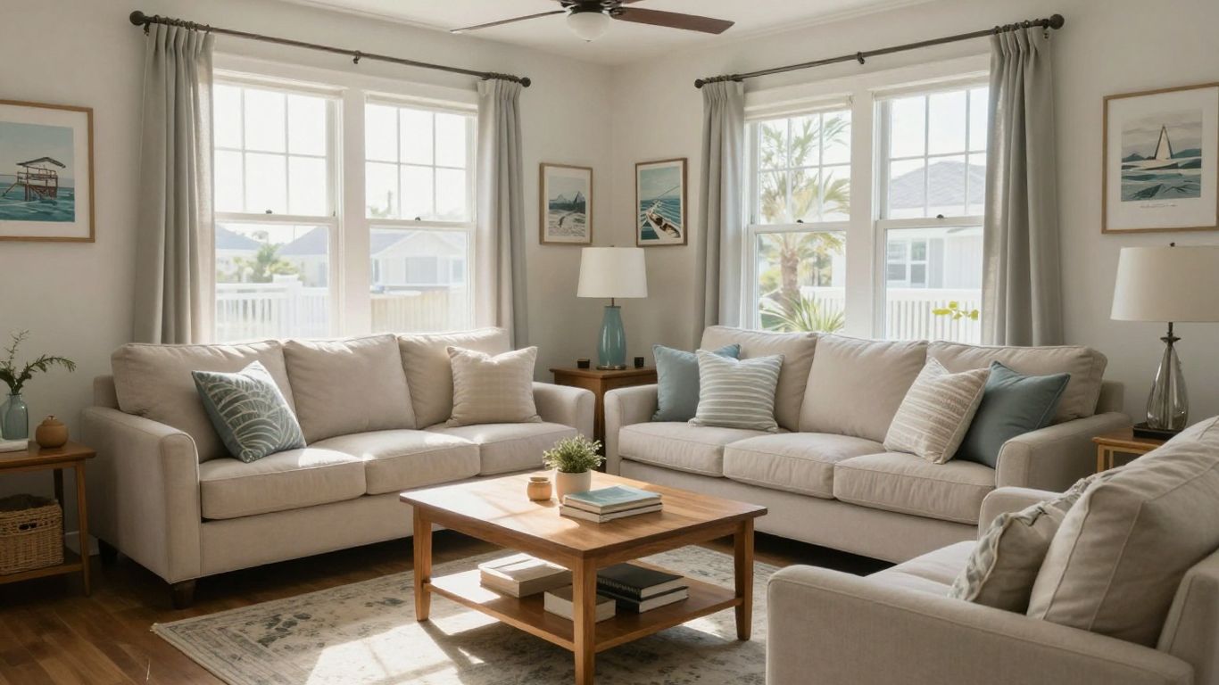 Coastal-chic living room in a Myrtle Beach Airbnb.