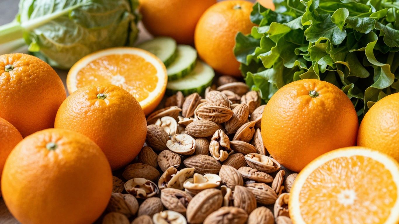 Vitamins for nerve health: fruits, vegetables, and nuts.