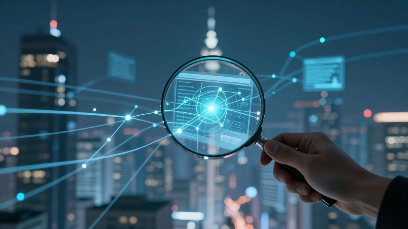 Futuristic cityscape with data streams and magnifying glass over website.